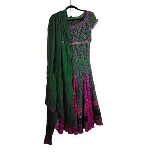Three Piece Lehenga Choli Sage Green Pink Beaded Embroidered Skirt Crop Top XS 0